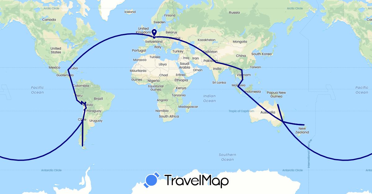 TravelMap itinerary: driving in Australia, Bolivia, Chile, Germany, Indonesia, India, Mexico, Malaysia, New Zealand, Peru, Singapore, Vietnam (Asia, Europe, North America, Oceania, South America)